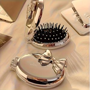TEMU 2가지 색상 선택 가능 - 미러 내장 보우형 미니 헤어 콤, 휴대용 접이식 에어 쿠션 빗, 여성용 스타일링 도구, 일반 헤어 질감에 적합, 여행용 헤어 액세서리, 이동 중 터치업에 완벽, 크리스마스 및 휴일 선물로 딱!