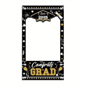 TEMU 1개 43.3x70.8인치 졸업 배너 - 2025년 졸업생용 골든 스타 & 풍선 홀아웃 디자인, 내구성 폴리에스터 포토부스 배경, 스튜디오 사진 촬영, 생일, 결혼식, 파티 장식 (블랙/화이트/골드), 졸업 축하 장식, 축제 디자인, 고품질 인쇄, 2D 평면, 크리스마스에 최적