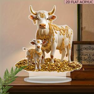 TEMU 2D 플랫 아크릴 소 조각상 - 골드 액센트 동물 데스크탑 장식, 홈/오피스/카페용 - 전기 불필요, 독특한 디자인의 눈길을 사로잡는 선물, 정교한 디테일, 보호 스타일 장식, 사무실 장식품, 예술적 조각, 섬세한 디자인, 2D 플랫 할로윈 크리스마스 장식