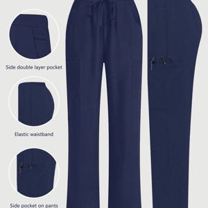 TEMU 여성용 경량 탄력 있는 허리 작업 바지 - 이중 포켓 디자인, 네이비 블루, 세탁기 사용 가능, 간호사 및 사무실용 - 봄/여름/가을, 스트레치 여성 팬츠, 간호복, 우아한 스타일, 통기성 소재, 기능성 트라우저, 기업 복장