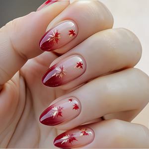 TEMU 24개 물방울 단풍잎 그라데이션 네일 아트 - 가을 테마 글로시 마감 인조 손톱, 눈물방울 모양, 레드 라인 디자인, 가을 시즌에 완벽, 네일 아트 용품