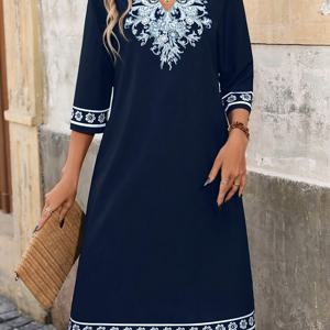 TEMU 우아한 여성용 V넥 드레스 | 해군 파란색과 흰색 꽃무늬 | 짧은 소매, A라인 실루엣 | 폴리에스터 및 스판덱스 블렌드 | 기계 세탁 가능 | 여름 캐주얼 웨어, 여성 드레스