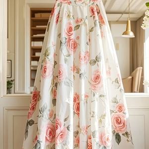TEMU 2025 봄/여름 여성용 꽃무늬 A라인 미디 스커트 - 가벼운 스트레치 치프론, 생생한 핑크 장미와 녹색 잎, 캐주얼 및 공식 행사에 적합한 하이웨이스트 플로우디 디자인, 우아한 컷, 부드러운 질감, 공식 의상, 하이웨이스트 스커트, 세련된 스타일, 고품질 원단