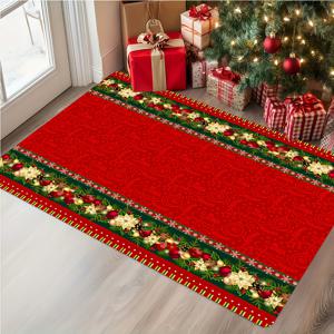 TEMU 1개 크리스마스 장식 도어 매트 - 포인세티아 & 베리 패턴, 레드/그린/옐로우/골든 액센트, 내구성 있는 100% 폴리에스터 기계 세탁 가능 실내/외부용 입구 매트, 홈 데코, 즐거운 계절 스타일, 오래가는 소재, 시즌 러버를 위한 크리스마스 문매트