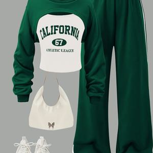 TEMU 봄과 여름 소녀 패셔너블 레트로 쿨 라운드 넥 긴팔 탑 + 레터 프린트 캐미솔 + 캐주얼 팬츠 편안한 세트 야외 착용 (신발, 가방 등 제외) 소녀 학교 유니폼, 청소년용 옷, 학교 유니폼, 개학 복장 소녀, 야외용 소녀 그린 트랙슈트, 소녀 스포츠 슈트, 소녀 의상, 소녀 클로스 에이지, 여아 바지, 주니어 상하세트, 여아 여름옷 세트