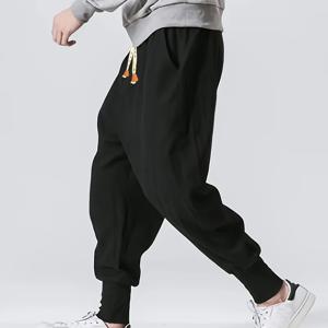 TEMU 남성 여름 루즈핏 하렘 팬츠 - 기계 세탁 가능 폴리에스터, 250gsm, 신축성 있는 허리띠와 끈, 캐주얼 워킹 랜턴 커프, 단색, 포켓 포함, 일상 및 여가 활동용, 하렘 팬츠, 여가 야외복, 편안한 착용