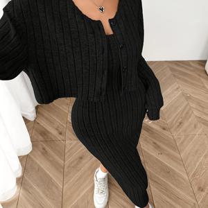 TEMU 여성용 새로운 솔리드 컬러 골지 버튼 장식 가디건 재킷 베스트와 힙 랩핑 스커트 패브릭 세트, 패셔너블하고 우아한 출퇴근 데일리웨어 데이트 파티 애프터눈 티 투피스 세트, 봄 가을 겨울 시즌에 적합