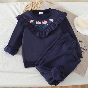 TEMU 2pcs 여아용 부드럽고 편안한 단색 긴팔 상의 + 플로럴 자수 및 러플 트림이 있는 탄성 허리 바지 세트, 가을/겨울용 기모 안감 의상, 야외, 파티, 생일 축하 - 스타일리시 캐주얼 웨어