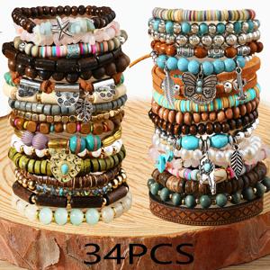 TEMU 34pcs 남녀공용 투르키스 비즈 팔찌 - 우아한 동물 및 휴일 테마, 합성 합성 합성 투르키스, 짙은 합금, 일상 착용 및 선물에 적합, 일상 착용 팔찌 | 생동감 있는 비즈 디자인 | 내구성 있는 짙은 합금, 비즈 팔찌