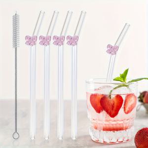 TEMU 4/6개 보로실리케이트 유리 빨대 세트 (브러쉬 포함) | 20cm x 8mm 식기세척기 사용 가능 & 재사용 가능 | 핑크 리본 장식 컵빨대, 결혼식, 홈파티, 선물용 | 내구성 강한 파티, 해변, 주방 액세서리