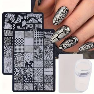 TEMU 2개 세트 & 지브라 스네이크 체크 네일 스탬프 플레이트, 스테인리스 스틸 다용도 템플릿 - DIY 매니큐어용 고품질 재사용 가능 금속 엠보싱 몰드 - 홈&살롱 사용 가능한 내구성 디자인 도구