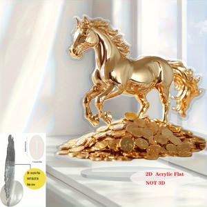 TEMU 2D 플랫 스타일 레진 말 조각상 - 금화 장식이 돋보이는 2D 데스크탑 아트, 현대적인 홈 오피스 또는 카페 디스플레이용 부와 번영의 상징, 11가지 축제에 적합한 2D 플랫