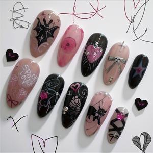 TEMU 24개 할로윈 신상 착용 가능한 네일 블랙 박쥐 핑크 다크 풀 커버리지 인조네일, 달콤하고 멋진 여성용 프레스 타입 탈부착 가능 손톱