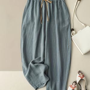 TEMU 여성용 일본 스타일 와이드 레그 팬츠 - 탄력 있는 허리 & 끈 조절 가능한 포켓 팬츠, 사무실 및 캐주얼 착용에 적합한 루즈핏 사계절용 바지, 세탁기 사용 가능 (신축성 없음) - 일본 기모노 디자인 영감 (드라이클리닝 금지)