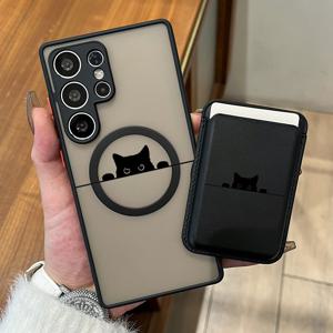 TEMU 2개 세트 신상 럭셔리 패션 창의적인 블랙 캣 무늬 자석 폰 케이스 & 고급 인조 가죽 멀티 기능 카드 클립 삼성 갤럭시 S25 S24 S23 S22 플러스 울트라 FE A55 A54 A53 A52 A52S A32 A23 A16 A15 A14 5G KW1 자석 지갑형 카드 홀더, 은행카드·신용카드·ID 등 1~3장 수납 가능 KI1