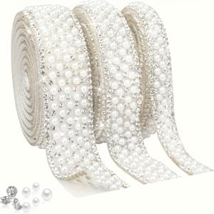 TEMU 3롤 진주 라인스톤 리본, 자체 접착 라인스톤 테이프 진주 랩 롤 스티커 블링 라인스톤 스트랜드 진주 스트립 트림 DIY 공예 웨딩 생일 파티 크리스마스 장식용