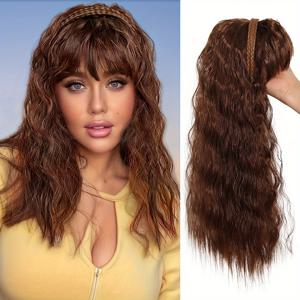 TEMU 클립인 탑과 앞머리가 있는 컬리 웨이브 더블 브레이드 헤어밴드 - 여성용 볼륨감을 위한 다크 브라운 열에 강한 합성 머리끈, 스타일 및 풍성을 추가