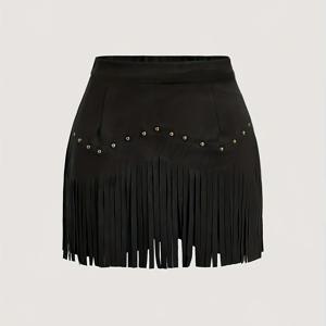 TEMU 여성용 빈티지 프린지 헴 A라인 스커트 - 프린지 태슬 & 벨트리스 디자인, 솔리드 브라운 숏 길이, 봄/가을/여름에 어울리는 구조적 핏, 캐주얼부터 포멀 이벤트까지 - 손세탁 가능한 프린지 스커트, 데일리 & 특별한 날을 위한 레트로 스타일, 프린지 디테일, A라인 실루엣, 슬릿 헴 디자인으로 매력적인 핏, 크리스마스 스커트