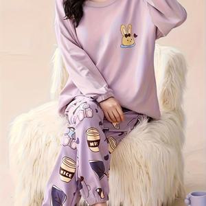 TEMU 여성용 긴팔 파자마 세트, 브라 패드 포함 - 귀여운 만화 토끼 & 디자인, 부드러운 핑크 & 퍼플, 봄 & 가을에 완벽, 편안한 홈웨어, 편안한 라운지웨어|재미있는 디자인|부드러운 질감