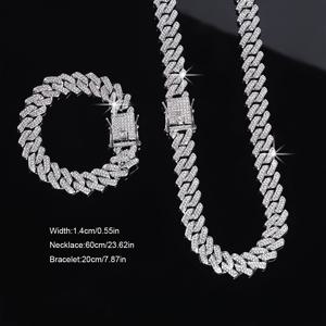 TEMU 2개/세트 트렌디한 선물용 주얼리 세트, 아이스 아웃 14mm 마이애미 쿠바 링크 체인 목걸이 & 팔찌 세트, 힙합 스타일 스트릿 액세서리, 반짝이는 골드톤 힙합 주얼리, 청소년을 위한