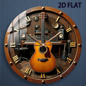 TEMU 음악 스튜디오 벽시계 - 무소음 쿼츠 , 빈티지 기타 & 오디오 장비 디자인 로마 숫자 - 12인치 라운드 플랫 글라스 시계 (AA 배터리 미포함) - 홈, 스튜디오, 거실, 침실용 - 뮤지션 및 DJ를 위한 이상적인 선물, 2D 플랫
