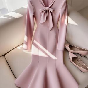 TEMU 여성용 우아한 긴팔 드레스 - 소프트 핑크 포멀 & 캐주얼 오피스, 데이트 나이트 가운, 보우 타이 넥라인, 바디콘 핏, 레이어드 러플 & 인어공주 헴, 가을/겨울 행사용 - 비침 방지 원단, 겨울 패션, 세련된 디자인