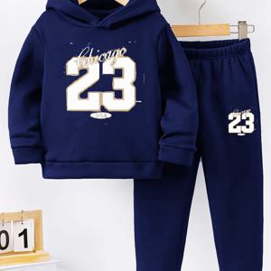 TEMU 2개 세트 남아용 농구 저지 세트 - 후드 스웨트셔츠 & 팬츠, 골든 23 로고 & 넘버 프린트, 따뜻한 겨울 아웃핏, 농구 선수를 위한 캐주얼 코스튬 선물, 야외 활동에 완벽