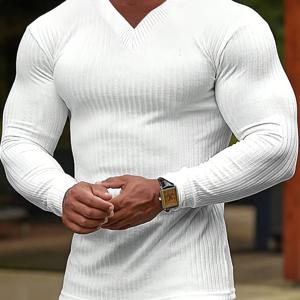 TEMU 남성용 V넥 긴팔 티셔츠 - 단색 레트로 디자인, 레귤러 핏 캐주얼 상의, 가을용, 캐주얼 복장 및 야외 활동에 다용도