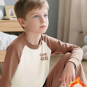 TEMU 브라운 기모 세트 | 남아용 편안하고 통기성 좋은 따뜻한 긴팔 셔츠 및 바지, 2-12세, 가을/겨울 시즌, 크루넥, 약간의 스트레치가 있는 레귤러 핏.