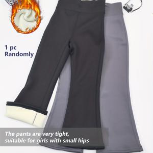 TEMU 2026년 가을/겨울용 기모 안감 두꺼운 플레어 팬츠 (10대 및 어린이용), 나일론 기모 특수 두꺼운 한국 스타일 슬림핏 클래식 패션 여아 레깅스, 겨울 따뜻함, 플레어 레깅스, 롱 팬츠, 단색, 벨트 없음, 무늬 없음, 슬림핏 레깅스, 기모 안감 플레어 팬츠