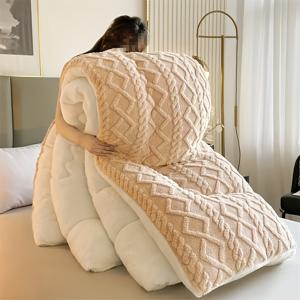 TEMU 필수 겨울용 플리스 담요, 4계절 사용 가능, 따뜻하고 편안한 라이트 베이지 색상, 세탁기 사용 가능, 퀼트 공예, 침실·게스트룸·소파 등에 적합, 베개 커버 미포함