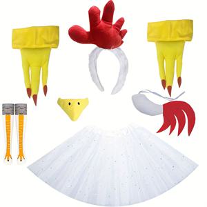 TEMU 8피스 터키 코스튬 세트 (헤드피스, 스커트, 장갑, 레그워머 포함) - 귀여운 닭 댄스 의상, 부리 마스크 & 깃털 날개 포함 - 할로윈, 크리스마스, 카니발, 테마 파티용 - 편안하고 착용하기 쉬운 성인용 코스튬 - 축제 터키 댄스 파티 의상