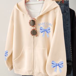 TEMU 여아용 후드 자켓 - 풀 지퍼, 귀여운 리본 & 하트/연필 프린트 - 부드럽고 따뜻한 코트, 내구성 있는 지퍼, 루즈핏 긴팔 아우터웨어 - 학교, 생일 파티, 캐주얼 복장용 - 세탁기 사용 가능 (이상적인 선물) - 봄/가을 캐주얼 코트, 레터링 & 리본 디자인, 편안한 핏, 멀티포켓, 사계절 착용, 4-12세 여아를 위한 편안한 소재