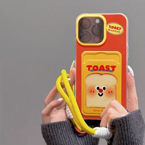 TEMU 아이폰 14 프로 맥스/15/13/12/11/Xr/7/8/Xs/8 플러스 모바일 폰 케이스와 호환되는 랜야드 카드 홀더 보호 커버, 영어 빵 카드 가방 - 투명 - 빵 1439WQ + 노란색 랜야드