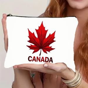 TEMU 2D 플랫, 캐나다 레드 메이플 리프 프린트 화장품 가방 지퍼 클로저 - 가벼운 무게, 휴대용, 내구성 있는 여성 및 소녀용 메이크업 정리함, 여행 및 일상 사용을 위한 필수 세면도구 파우치 선물 | 안전한 지퍼, 다용도 보관 가방