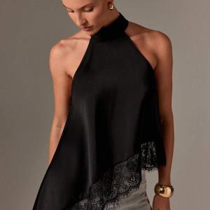 TEMU 여성용 우아한 홀터넥 민소매 탑 - 포멀 파티, 결혼식, 이브닝룩 - 시크한 브라운/ - 갈라, 졸업 파티를 위한 비침 방지 원단 - 봄/가을/여름 행사 - 여성 포멀 복장, 포멀 이벤트 복장, 비대칭 레이스 디테일, 졸업 드레스