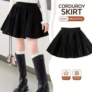 TEMU 소녀용 스커트, 1개, 가을/겨울 스타일, 패셔너블 아동복, 블랙, 비침 방지, 클래식 빈티지 드레스, 중대형 소녀 선물, 코듀로이 드레스, 안전 안감 포함|가을원피스
