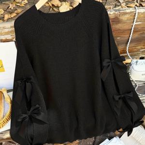 TEMU 여성용 우아한 오프숄더 리본 장식 스웨터 - 부드러운 스트레치 라운드넥 긴소매, 브라운 리본 디자인, 캐주얼~세미포멀 봄/가을 코지 탑 (핸드워시 가능)