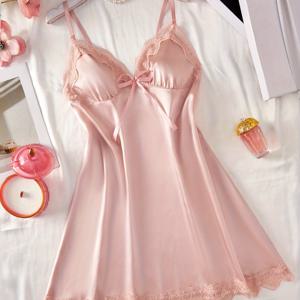 TEMU 여성용 우아한 레이스 트림 나이트드레스 - V넥 리본 & 조절 가능한 스트랩 소프트 베이지 친화적 파자마 나이트가운, 민소매 A라인 슬립웨어 레이스 트림, 사계절용 핑크 드레스 (손세탁 가능) - 결혼식/신부 선물로 이상적|민소매원피스