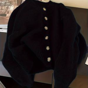 TEMU 여성용 우아한 겨울 가디건 재킷 - 네이비 블루 버튼 프론트 스웨터 코트, 골든 버튼, 라운드 넥 칼라 & 디자인, 가을과 겨울 레이어링을 위한 손세탁 가능한 따뜻한 아우터웨어