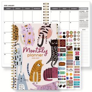TEMU 1개 귀여운 손그림 고양이 월간 플래너 2026-2027 - 24개월 스파이럴 바인딩 캘린더 노트북, 메모 섹션 포함, 여성용 핑크 리본 커버, 학업용 고양이 캘린더, 캣 캘린더, 노트북 도매, 줄무늬 플래너 노트북, 학교 플래너