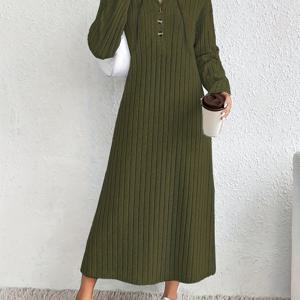 TEMU 엘리의 올리브 그린 맥시 드레스 - 롱 슬리브 A라인 겨울 드레스, 후드 칼라 & 수직 버튼 프론트, 가을/겨울용 포근한 스웨터 드레스, 캐주얼에서 포멀까지 (세탁기 사용 가능) - 노-디자인