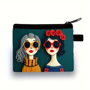 TEMU 여성용 귀여운 레트로 팝아트 코인 파우치 - 두 여성 캐릭터 디자인 (회색 & 빨간 안경) 미니 지갑, 내구성 있는 카드 홀더, 현금, 열쇠, 립스틱 수납 - 컴팩트 여행 정리함, 여성 선물
