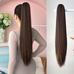 TEMU 클립-온 부착식 포니테일 헤어 익스텐션 (접착제 없음) - 24인치 긴 직선 옴브레 (금발, 갈색, 검정, 빨강, 버건디) - 여성 및 소녀용 열에 강한 합성 섬유 헤어피스, 볼륨 & 길이