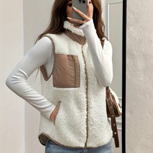 TEMU 여성용 올시즌 플러시 베스트 - 하이넥 슬리브리스 자켓, 포켓 디자인, 부드러운 폴리에스터 텍스처 (265gsm), 핸드워시 가능한 화이트 코트, 레이어링 및 캐주얼/포멀 웨어 - 포켓 친화적 다용도 아우터웨어
