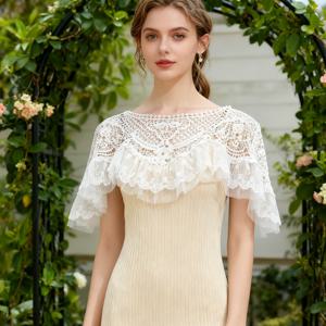 TEMU 여성용 우아한 유럽 레이스 망티야 숄 칼라 재킷 - 짧은 웨딩 베일 망티야와 주름 레이스 소매 & 트레인, 결혼식, 교회 행사, 프롬을 위한 화이트/블랙 신부 커버 드레스 - 손세탁 가능