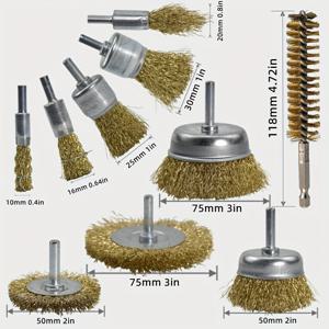 TEMU 6개/8개/10개 메탈 와이어 브러시 세트, 1/4인치 생크 드릴 비트 브러시, 녹 제거 및 광택용 황동 코팅 강철 와이어 브러시, 내구성 좋은 드릴 비트 와이어 브러시 (금속 녹 제거, 몰드 연마 및 로터리 공구용), 드릴링 공구에 적합