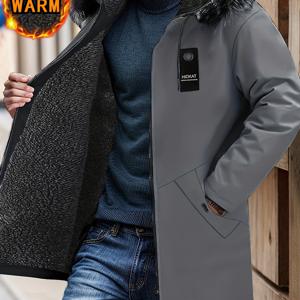 TEMU 겨울 남성용 루즈핏 후드 재킷 | 패셔너블한 기모 안감 두꺼운 미디 길이 코트, 지퍼 포함, 야외 레저 및 캠핑에 적합 | 브랜드: HIDKAT