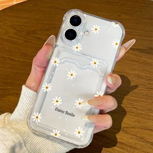 TEMU 데이지 아름다운 꽃 아이폰 17 프로 맥스 17 에어 16 플러스 15 14 13 12 11 시리즈 폰 케이스 클리어, 카드 홀더 포함 편리한 투명 사각 방지 에어 쿠션 소프트 커버 크리스마스 및 할로윈 선물용 가족, 자매, 친구들을 위한, 축제 선물,플로럴 디자인,데이지 패턴,부드러운 소재,가벼운 케이스,친구 선물,자매 선물