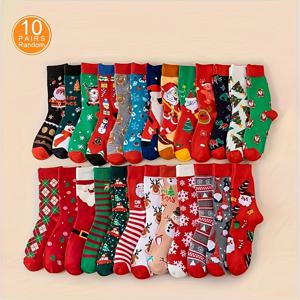 TEMU 10쌍 대량 패키지 남녀 크리스마스 스타킹 - 엘프, 순록, 눈사람, 사탕 지팡이 & 종 장식 다양한 양말 - 빨강/초록/흰색/금색/회색/분홍 - 가족 매칭 파티 의상 ( & s)